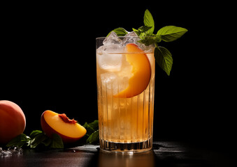 A Peach Ginger Ale mocktail, its subtle hues contrasting beautifully against the black background, embodying understated elegance.