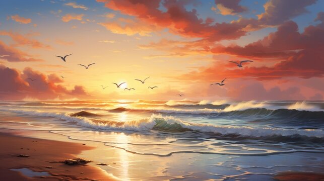 A beach at dawn with gentle waves lapping the shore and seagulls taking flight