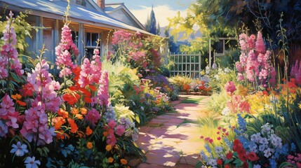 A summer garden with vibrant blooms in full splendor under the midday sun