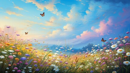 A summer meadow filled with wildflowers and butterflies fluttering in the warm air