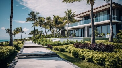 Fototapeta na wymiar Coastal Opulence: Bird's-Eye View of Crystal-Clear Swimming Pool at Luxurious Beachfront Property