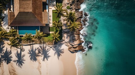 Coastal Opulence: Bird's-Eye View of Crystal-Clear Swimming Pool at Luxurious Beachfront Property