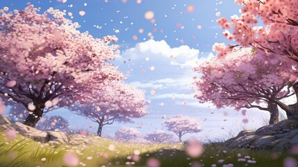 A sunny spring day in a cherry blossom orchard with pink petals floating in the breeze