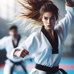 Deurstickers woman taekwondo training © MASOKI