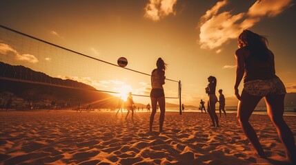 Beach Volleyball Game at Sunset  
