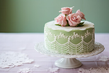 A vintage-style Valentine's Day cake, decorated with buttercream roses and pearl accents