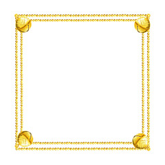 watercolor square frame with Christmas tree toys with shiny golden bells, garlands of gold glitter beads, golden vintage bells, illustration with Christmas decoration isolated on white background