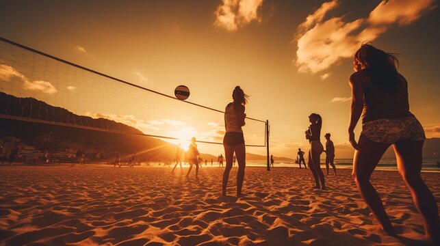 Beach Volleyball Game at Sunset