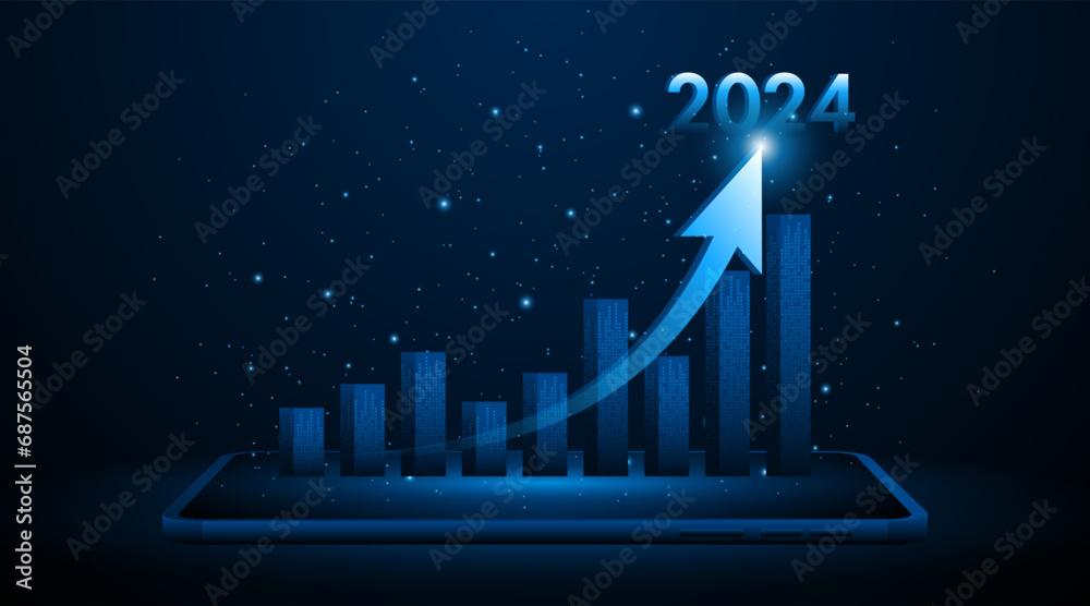 Aufkleber arrow pointing upwards for future company growth in 2024, set on tablet or smartphone. stock market 