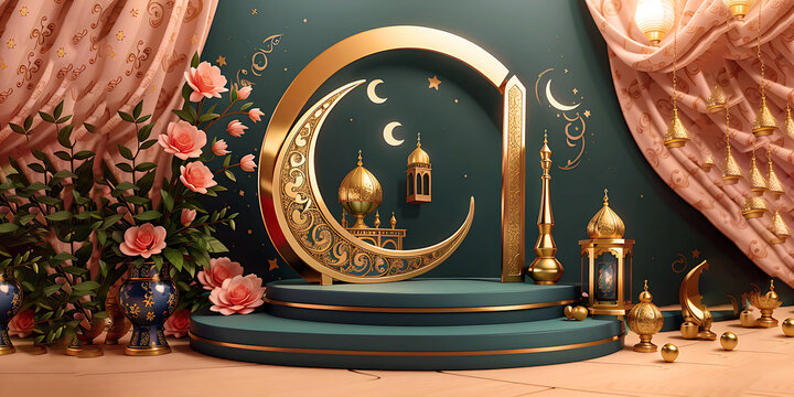 Ramadan Arabian relics a lantern and a golden crescent moon on a dark background with golden stars