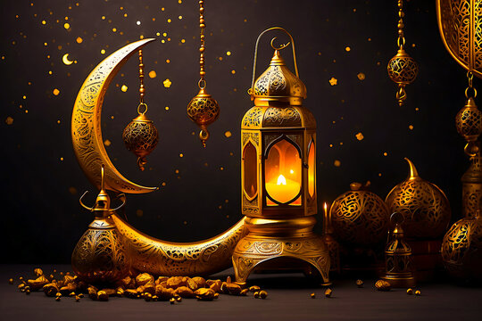 Ramadan Arabian relics a lantern and a golden crescent moon on a dark background with golden stars