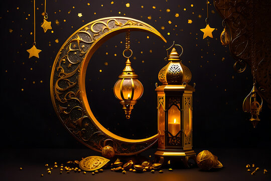 Ramadan Arabian relics a lantern and a golden crescent moon on a dark background with golden stars