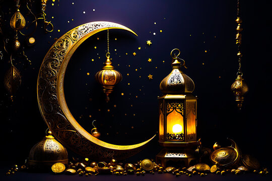 Ramadan Arabian relics a lantern and a golden crescent moon on a dark background with golden stars