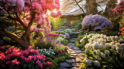 A vibrant spring garden bursting with blooming flowers and lush greenery
