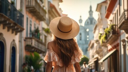 Back view of beautiful fashion woman in straw hat  enjoying city view, summer vacation