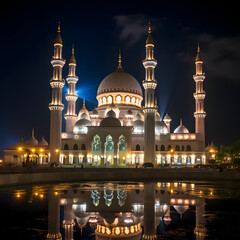 Fototapeta na wymiar mosque at night with natural lighting from skies with blue light and artificial light from lamp