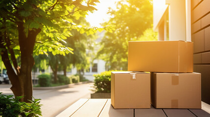 Carton boxes near the door. Concept of a delivery to home or the moving