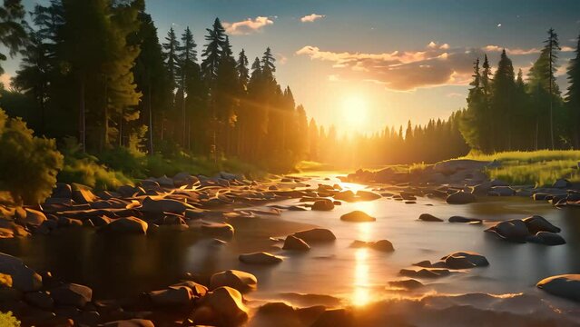 forest river with stones on shores at sunset
