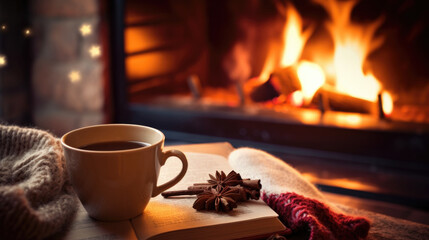 A cup of hot drink and a book against the backdrop of a warm, cozy fireplace with place for text - obrazy, fototapety, plakaty
