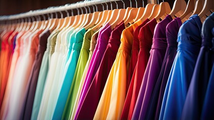The boutique has long evening dresses for special occasions (wedding, graduation, banquet, anniversary). Assortment in a clothing store. The concept of sales and rent. Fashion illustration for ad.