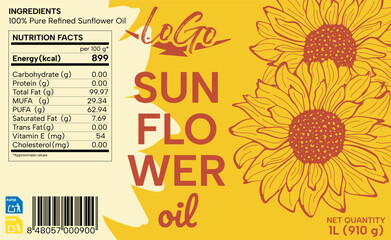 The finished label of sunflower oil on the bottle. Sunflower oil packaging design.