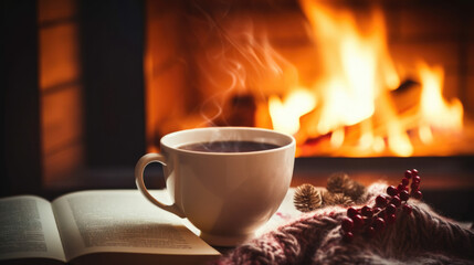 A cup of hot drink and a book against the backdrop of a warm, cozy fireplace with place for text
