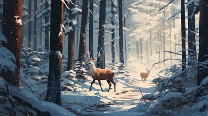 A winter forest with a family of deer navigating through the snow-covered underbrush