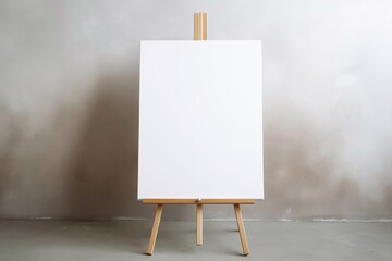 Wooden easel with blank canvas against a beige wall - obrazy, fototapety, plakaty