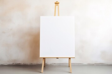 Wooden easel with blank canvas against a beige wall - obrazy, fototapety, plakaty