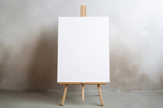 Wooden easel with blank canvas against a beige wall