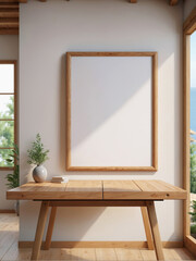 Japanese minimalist style living room with white blank poster frame mockup on the wall
, easel with...