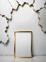 Poster golden frame mockup with a cracked design wall 3d rendering 3d illustration