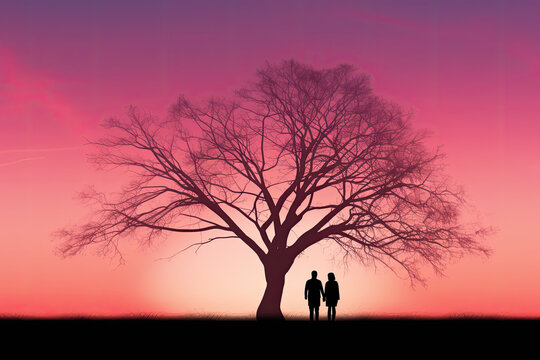 A silhouette of a loving couple holding hands, standing under a tree, against a stunning pink sunset sky