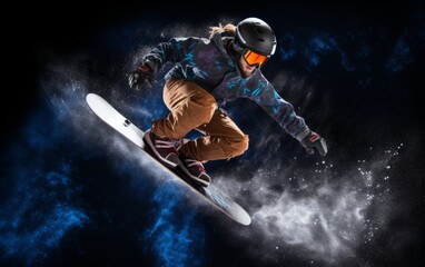 Generative AI image of Snowboarder performing a stylish grab trick mid-air