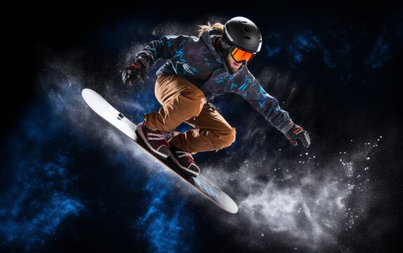 Generative AI image of Snowboarder performing a stylish grab trick mid-air © Eitan Baron