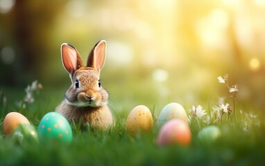Spring happy Easter background poster with cute fluffy bunny standing among the eggs in the grass. Pastel colors, blur, copy space, bokeh, de focus. Warm sun light, golden hour. AI Generative