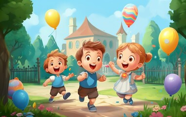 Obraz na płótnie Canvas Easter hunting happy kids running outside with balloons with a school at the background. Happy toddlers on a game day. Children playing, Easter party activity illustration. AI Generative.