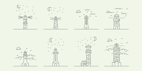 set lighthouse vintage icon logo minimalist line art illustration design from coastline