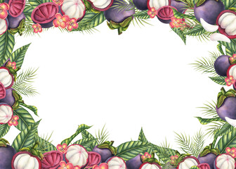 Mangosteen watercolor Frame. Hand drawn illustration of exotic tropical Fruit for rectangular template on isolated background. Drawing of Border with asian food, flowers and palm leaves.