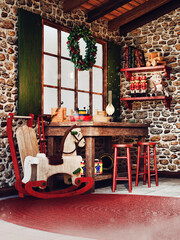 Fantasy room with Christmas toys and decorations and a rocking horse. 