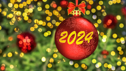 "Happy New Year 2024! Blurred background of Christmas tree decorated with big red ball and lights, toys, illumination. Bokeh. Greeting Postcard. Celebration.