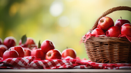 Graphic banner of basket of red apples, green blurred background. Copyspace