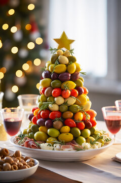 Olive Appetizer Christmas tree. Vertical. close-up, side view.