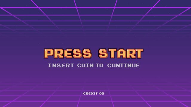  PRESS START INSERT A COIN TO CONTINUE .pixel art .8 bit game.retro game. for game assets .Retro Futurism Sci-Fi Background. glowing neon grid.and stars from vintage arcade computer games - Powered by Adobe