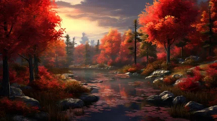 Foto auf Acrylglas An autumn scene with a tranquil pond surrounded by fiery foliage © Zabi 