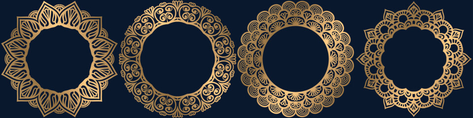 antique gold frame set, art circle element, mandala border design. 
