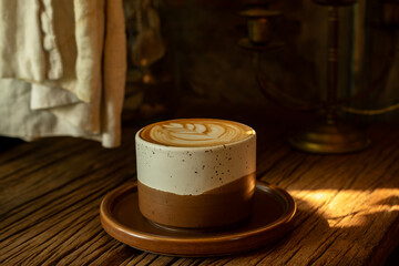 Rustic Elegance Hot Latte Coffee with Frothy Milk in Stylish Brown Mug on wooden table with sulight throug window