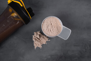 Shaker and protein powder on gray background. Sports nutrition concept.