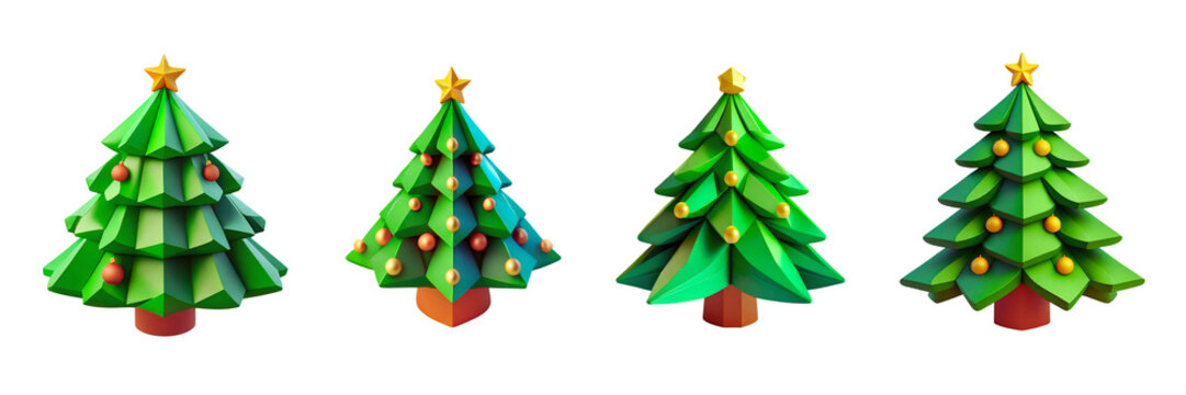  Set of Christmas tree plastic cartoon low poly 3d icon, isolated over on white background(1)