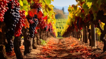 An autumn vineyard with rows of grapevines heavy with clusters of ripe fruit